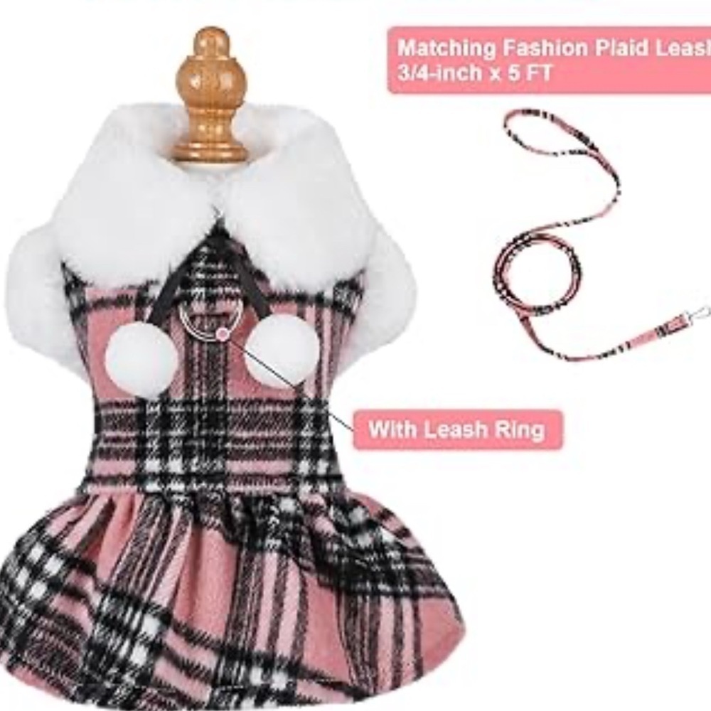 3/$13Plaid fleece dog sweater with matching Leash - Pink and White